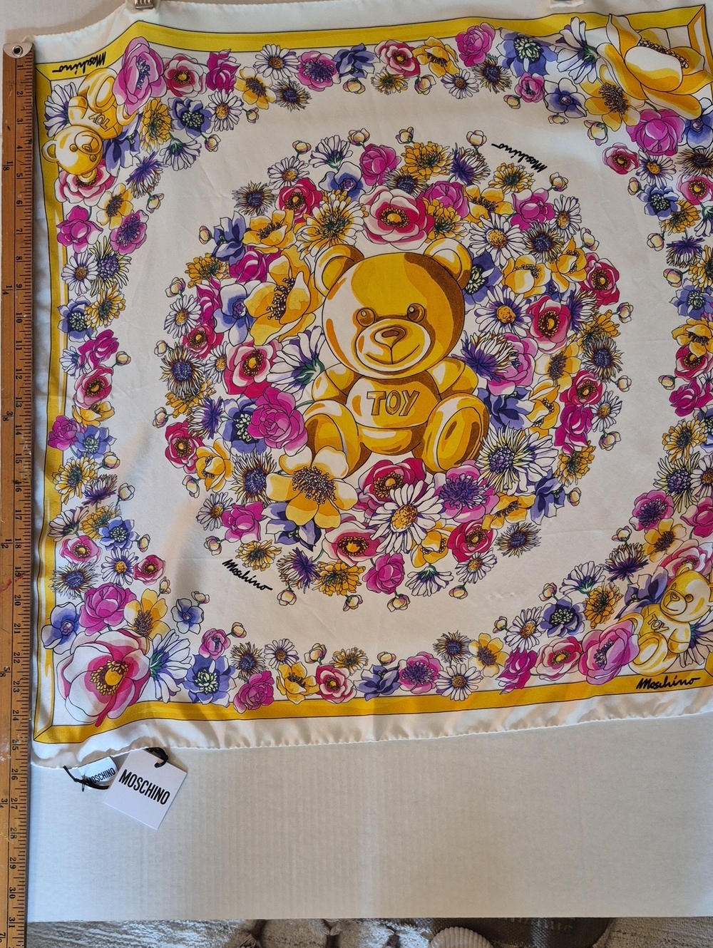 NWT Moschino Gold Teddy TOY silk floral LARGE scarf
